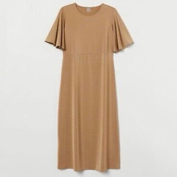 H&M Flutter Sleeve Midi Dress Womens Large Tan Knit Stretch Lightweight Neutral - Picture 1 of 11